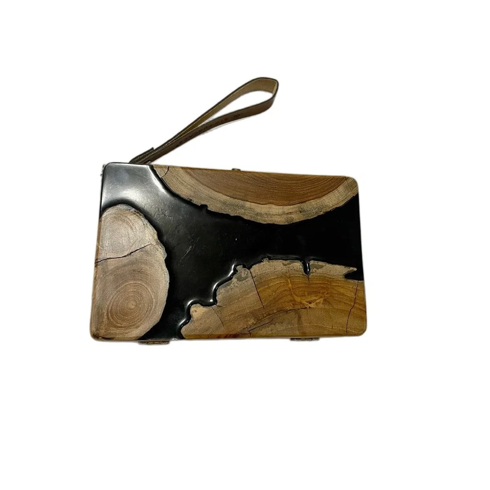 Biofurface $250 Teak Wood Side Handle Bag with Epoxy Resin Eco Friendly Art Fall